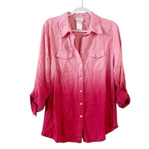 Soft Surroundings Ombré Dip Dye Linen Button Up Shirt Casual Pink Size XL